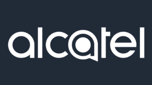 Logo Alcatel sur fond bleu, avec le nom de la marque en lettres blanches, représentant une entreprise spécialisée dans les solutions de télécommunication.