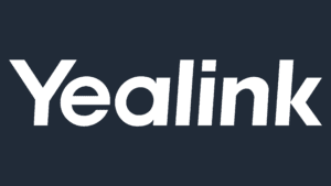 Logo de Yealink sur fond bleu, avec le nom de la marque en lettres blanches, représentant une entreprise spécialisée dans les solutions de télécommunication.